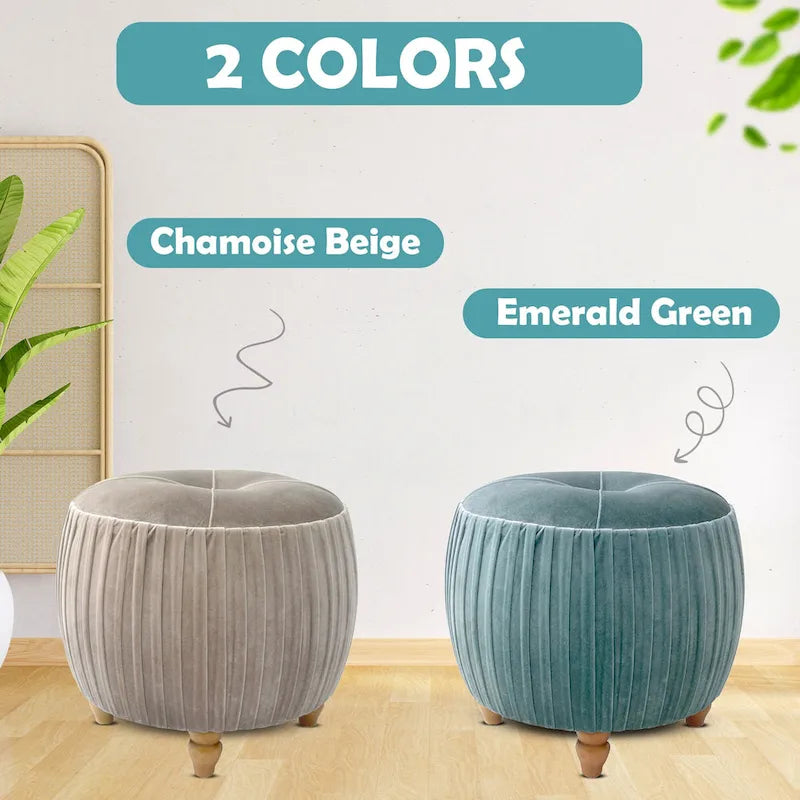 Petit Pouf Rond en Velours Peluche – Côtés Plissés, Dessus Capitonné, Pieds en Bois