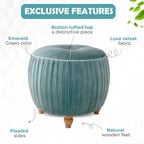 Petit Pouf Rond en Velours Peluche – Côtés Plissés, Dessus Capitonné, Pieds en Bois