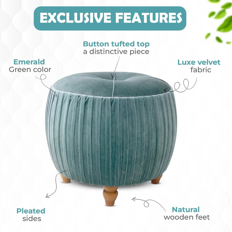 Petit Pouf Rond en Velours Peluche – Côtés Plissés, Dessus Capitonné, Pieds en Bois