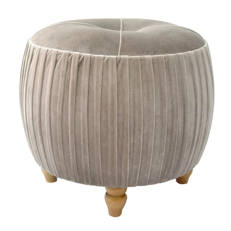 Petit Pouf Rond en Velours Peluche – Côtés Plissés, Dessus Capitonné, Pieds en Bois