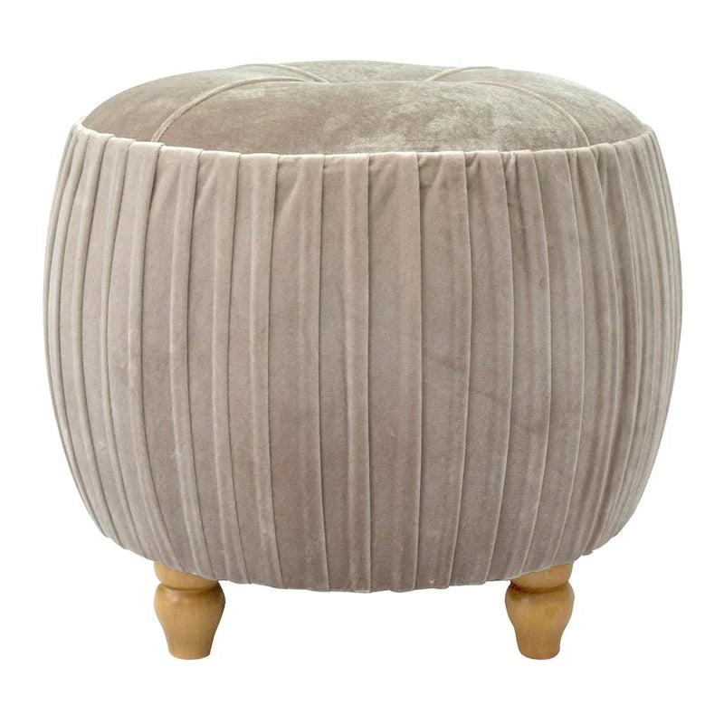 Petit Pouf Rond en Velours Peluche – Côtés Plissés, Dessus Capitonné, Pieds en Bois
