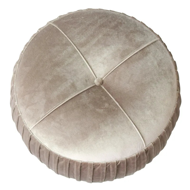 Petit Pouf Rond en Velours Peluche – Côtés Plissés, Dessus Capitonné, Pieds en Bois