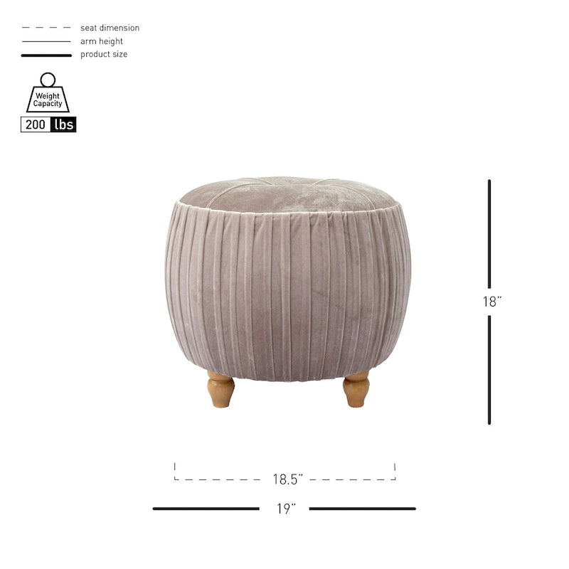 Petit Pouf Rond en Velours Peluche – Côtés Plissés, Dessus Capitonné, Pieds en Bois
