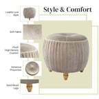 Petit Pouf Rond en Velours Peluche – Côtés Plissés, Dessus Capitonné, Pieds en Bois