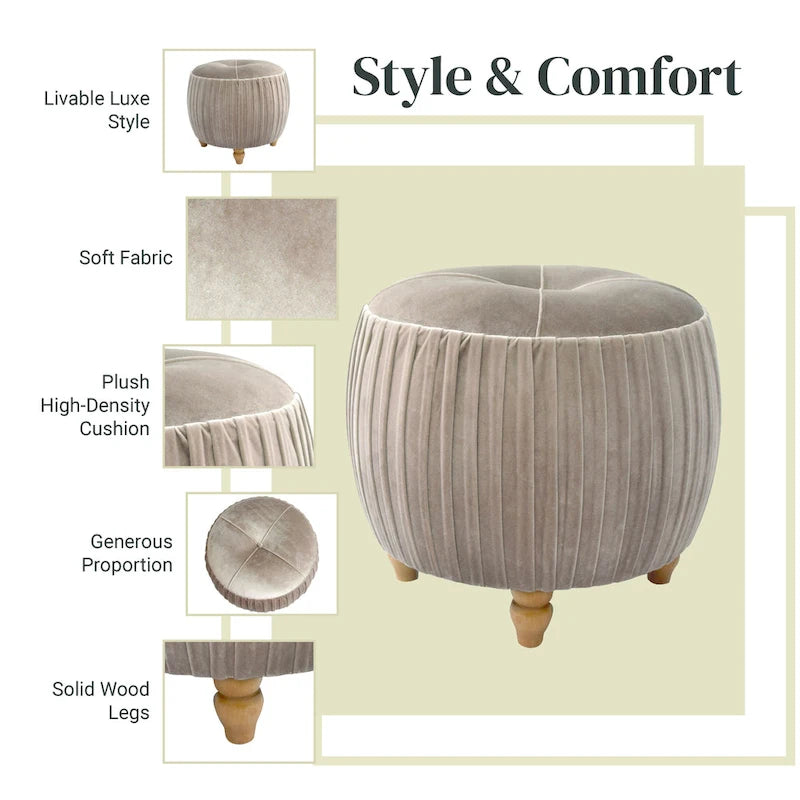 Petit Pouf Rond en Velours Peluche – Côtés Plissés, Dessus Capitonné, Pieds en Bois