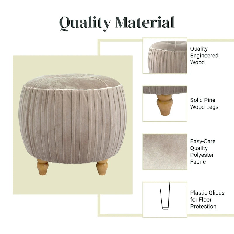 Petit Pouf Rond en Velours Peluche – Côtés Plissés, Dessus Capitonné, Pieds en Bois