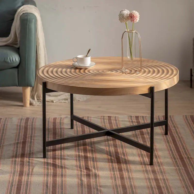 Table basse ronde avec base en métal croisée, plateau en MDF, conception KD Thread, capacité de 100 kg