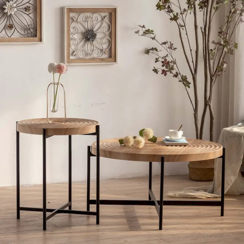Table basse ronde avec base en métal croisée, plateau en MDF, conception KD Thread, capacité de 100 kg