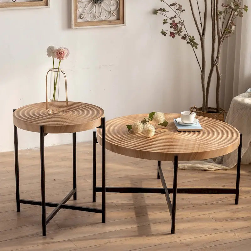 Table basse ronde avec base en métal croisée, plateau en MDF, conception KD Thread, capacité de 100 kg