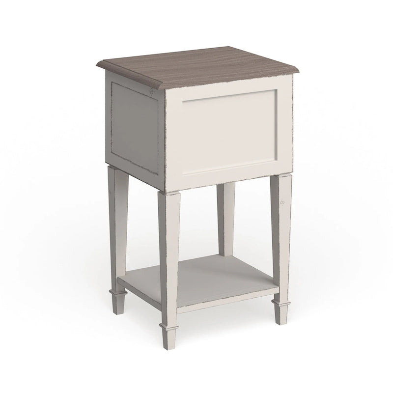 Table de chevet en chêne vieilli bicolore et bois blanchi patiné avec 2 tiroirs