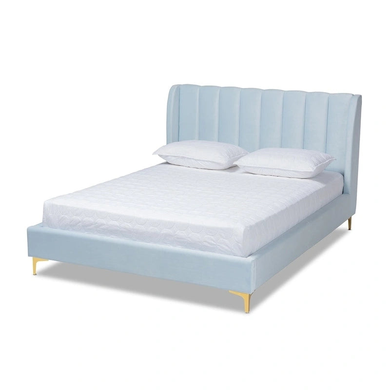 Lit plateforme capitonné en velours Glam avec tête de lit matelassée et pieds dorés