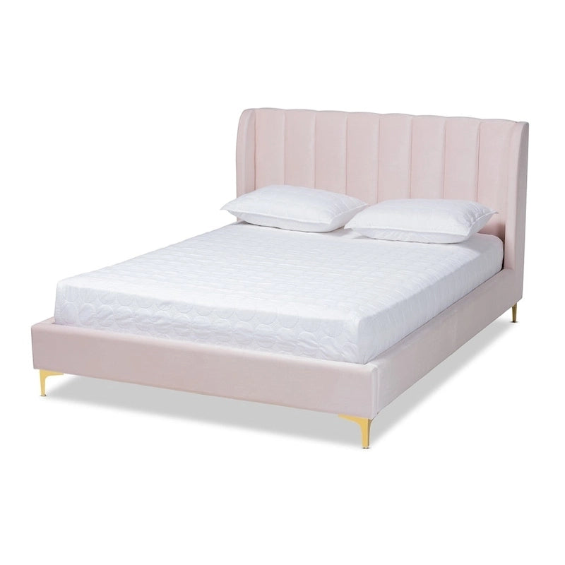 Lit plateforme capitonné en velours Glam avec tête de lit matelassée et pieds dorés