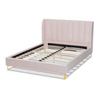 Lit plateforme capitonné en velours Glam avec tête de lit matelassée et pieds dorés