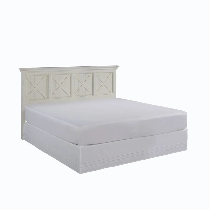 Tête de lit King size de style côtier en blanc cassé, bois massif et bois composite, finition vieillie