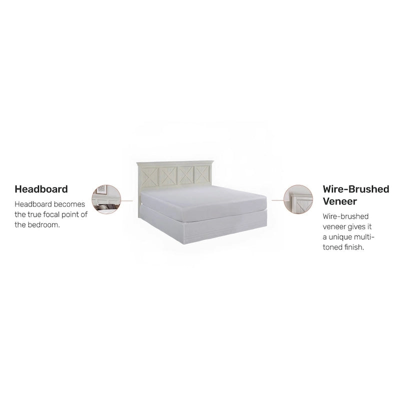 Tête de lit King size de style côtier en blanc cassé, bois massif et bois composite, finition vieillie