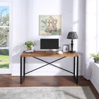 Bureau industriel en bois d'acacia massif avec cadre en acier en X