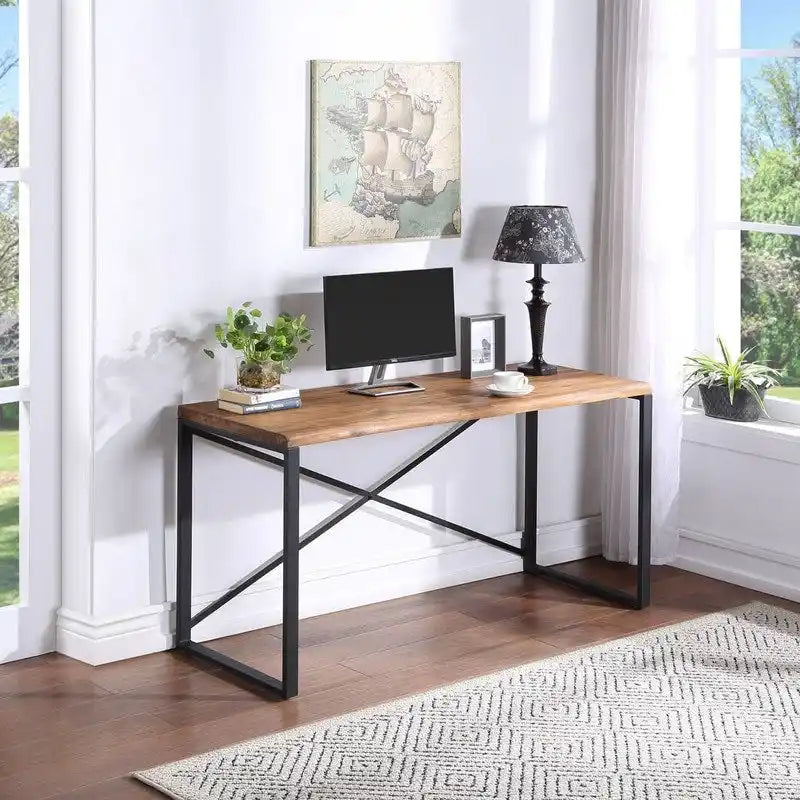 Bureau industriel en bois d'acacia massif avec cadre en acier en X