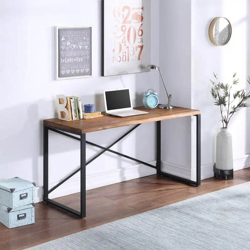 Bureau industriel en bois d'acacia massif avec cadre en acier en X