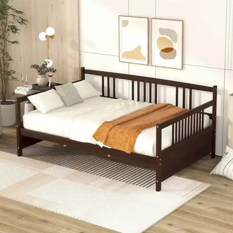 Lit Plateforme 10 pouces Mid-Century, en bois massif et supports métalliques, brun rustique