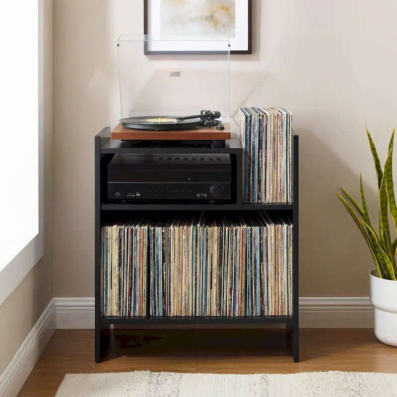 Meuble tourne-disque avec rangement à feuillets, peut contenir 200 disques, style Mid-Century
