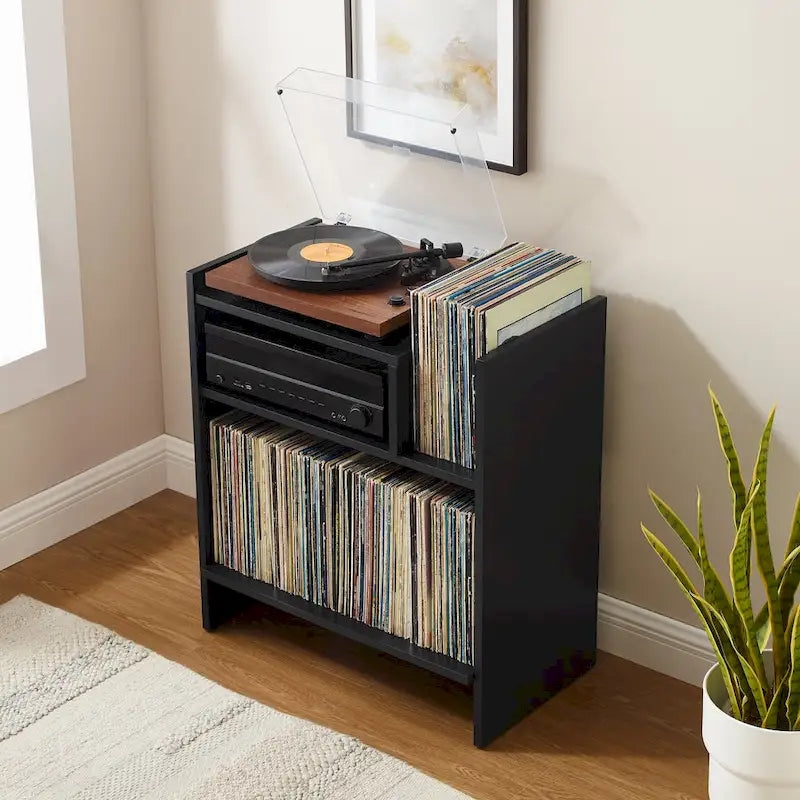 Meuble tourne-disque avec rangement à feuillets, peut contenir 200 disques, style Mid-Century
