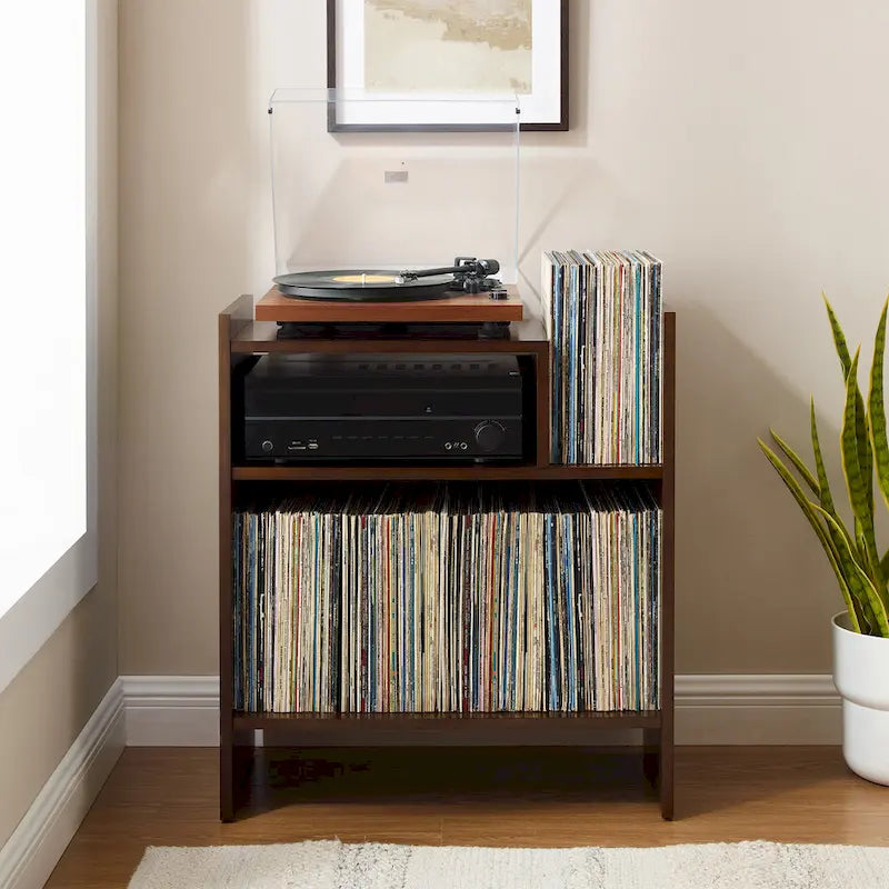 Meuble tourne-disque avec rangement à feuillets, peut contenir 200 disques, style Mid-Century