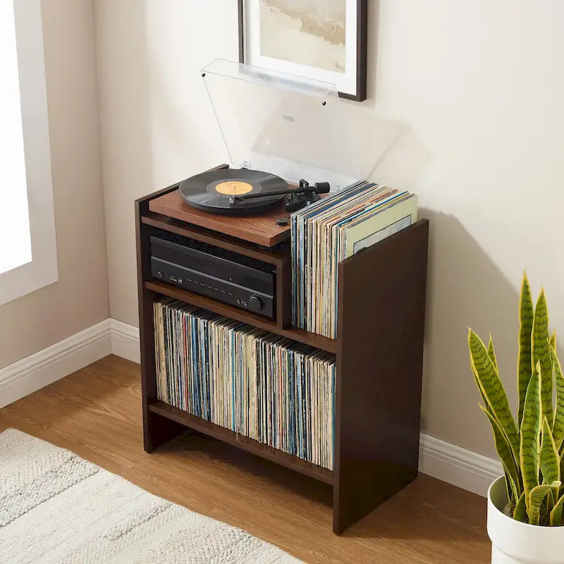Meuble tourne-disque avec rangement à feuillets, peut contenir 200 disques, style Mid-Century