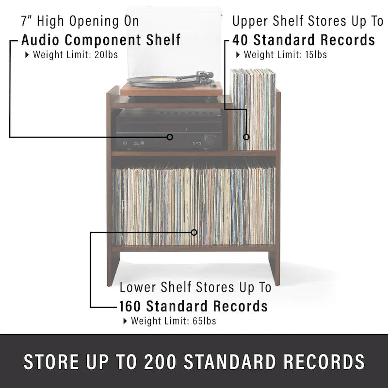 Meuble tourne-disque avec rangement à feuillets, peut contenir 200 disques, style Mid-Century