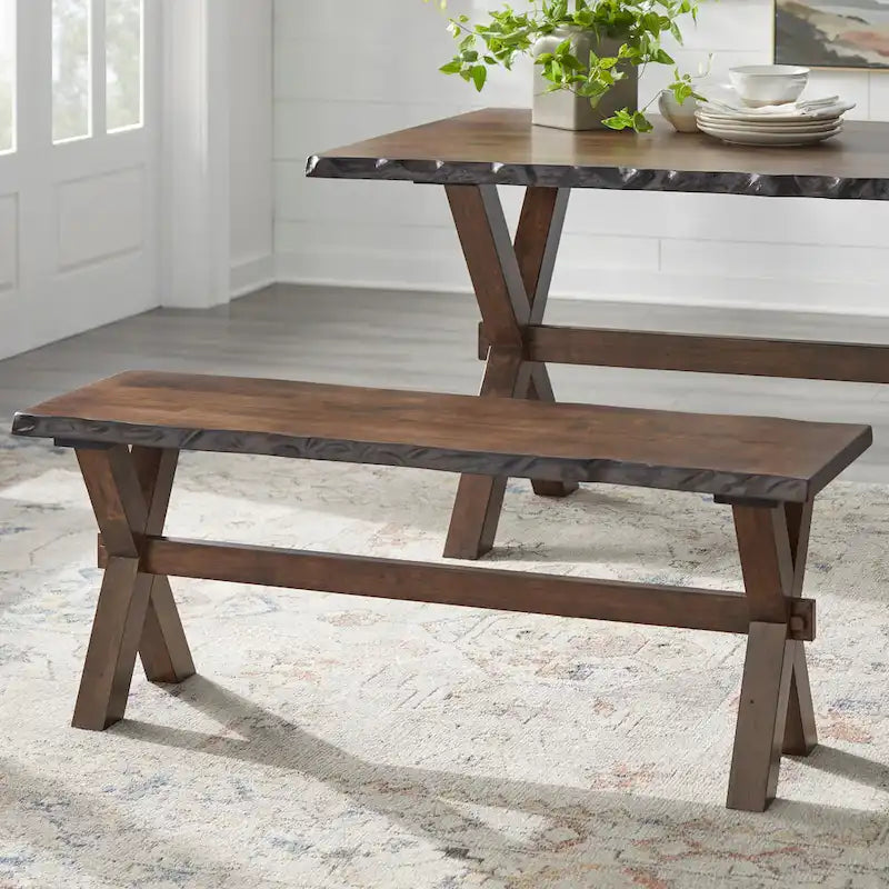 Ensemble de salle à manger de style ferme 6 pièces en bois d'hévéa massif avec banc, fini noyer, style à bords naturels