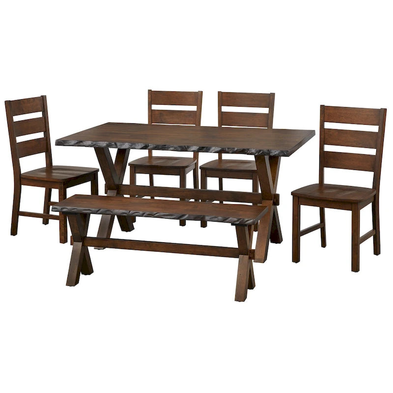 Ensemble de salle à manger de style ferme 6 pièces en bois d'hévéa massif avec banc, fini noyer, style à bords naturels