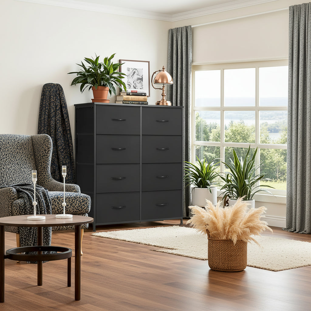 Dresser for Bedroom, 8 Storage Drawers, Tall Fabric Closet Chests Organizer Tower Furniture with Wooden Top Metal Frame