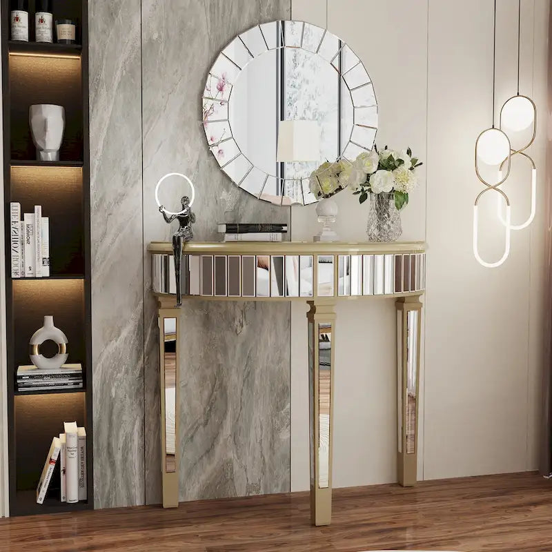 Silver Mirrored Half Moon Console Table Sofa Table - 35.4x31.6 inch