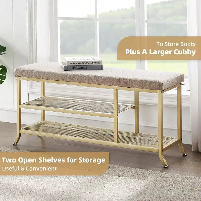 Banc de rangement pour chaussures d'entrée, cadre en métal doré, siège multifonctionnel
