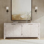 Buffet 4 portes en pin recyclé, portes sculptées à la main, finition crème vintage, étagères réglables
