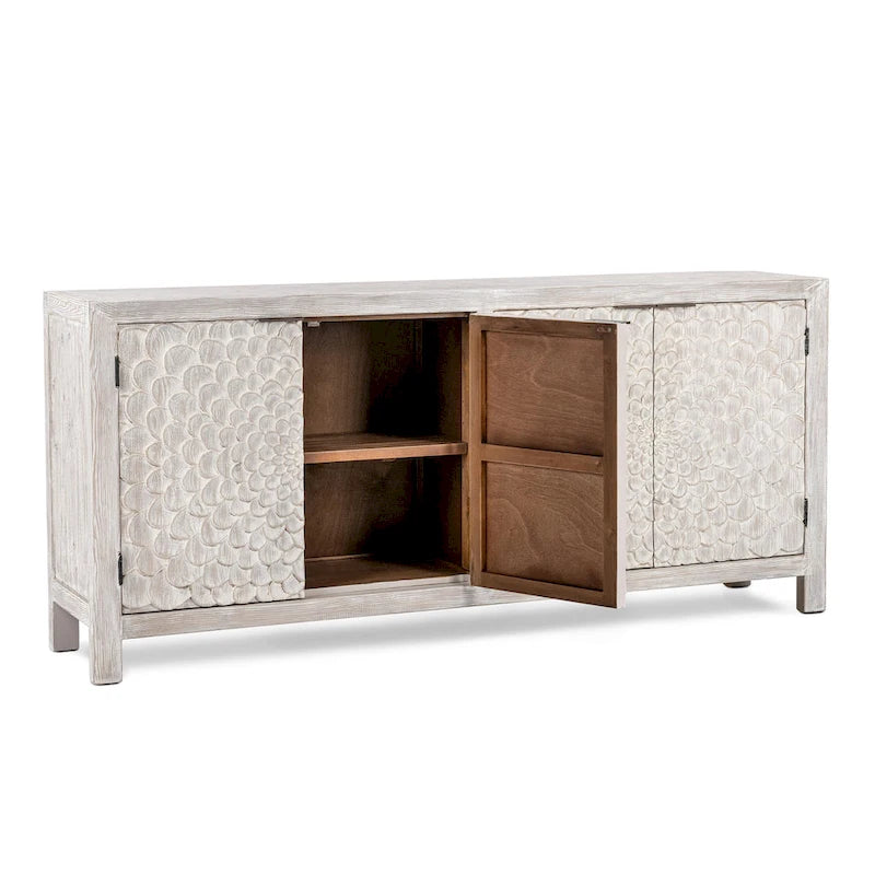 Buffet 4 portes en pin recyclé, portes sculptées à la main, finition crème vintage, étagères réglables