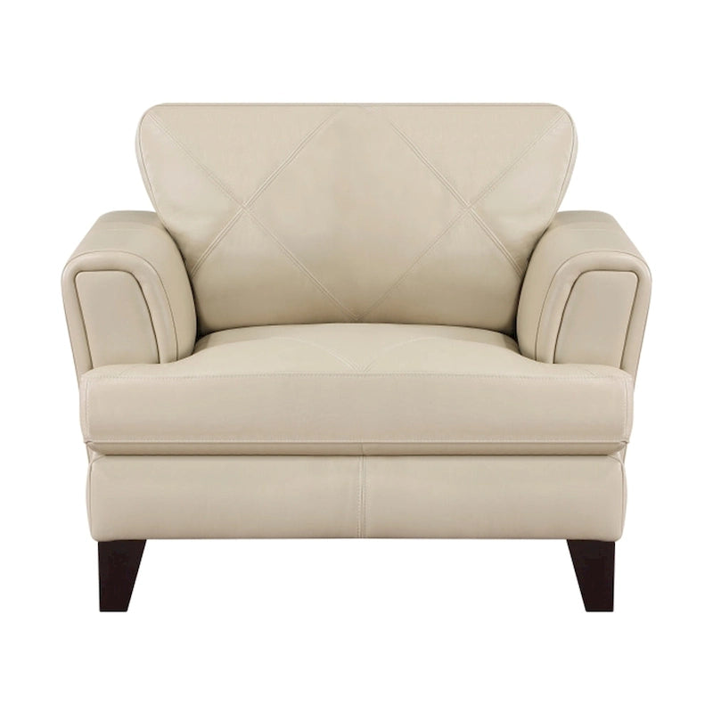 Fauteuil d'appoint 38" en cuir pleine fleur crème avec surpiqûres géométriques et structure en bois massif
