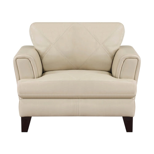 Fauteuil d'appoint 38" en cuir pleine fleur crème avec surpiqûres géométriques et structure en bois massif