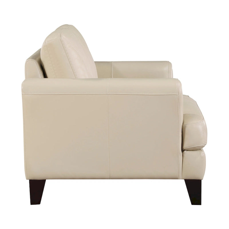 Fauteuil d'appoint 38" en cuir pleine fleur crème avec surpiqûres géométriques et structure en bois massif