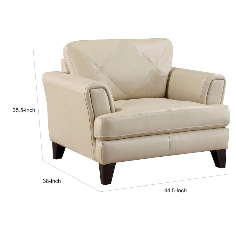 Fauteuil d'appoint 38" en cuir pleine fleur crème avec surpiqûres géométriques et structure en bois massif