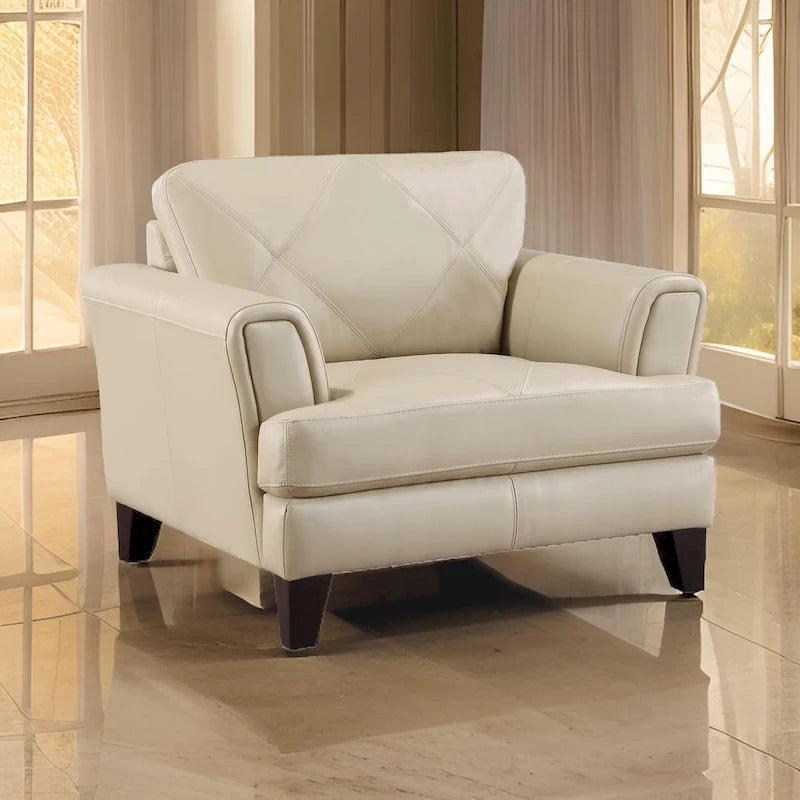 Fauteuil d'appoint 38" en cuir pleine fleur crème avec surpiqûres géométriques et structure en bois massif