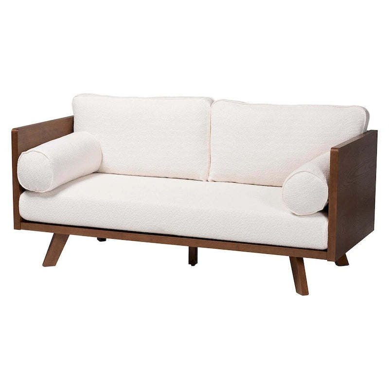 Canapé Bouclé Mid-Century, silhouette Tuxedo, coussins de dossier amovibles