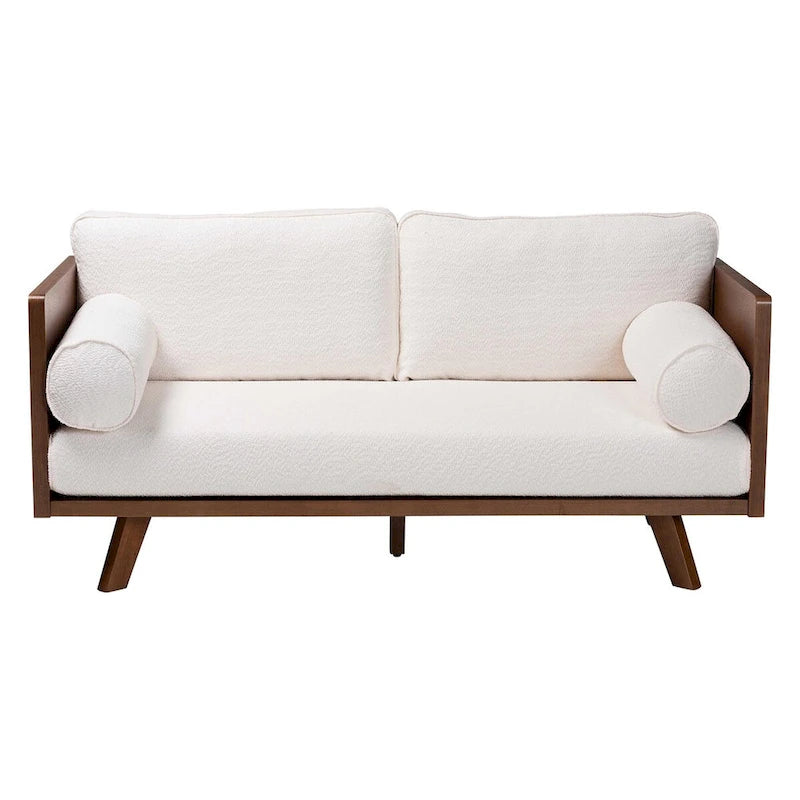 Canapé Bouclé Mid-Century, silhouette Tuxedo, coussins de dossier amovibles