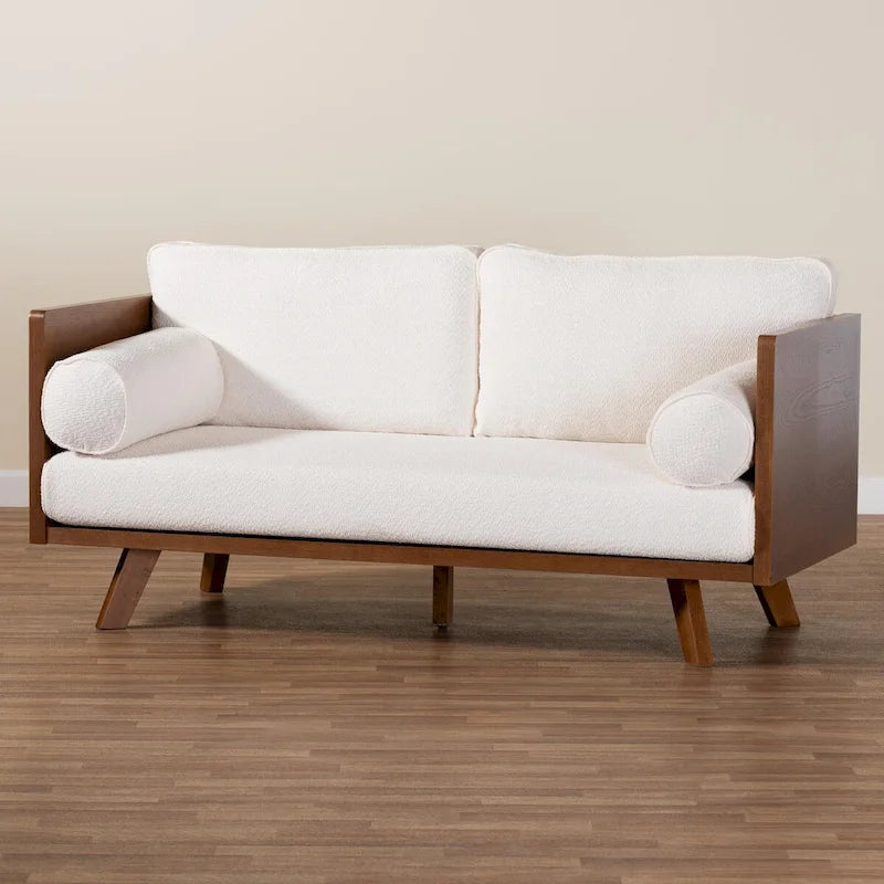 Canapé Bouclé Mid-Century, silhouette Tuxedo, coussins de dossier amovibles