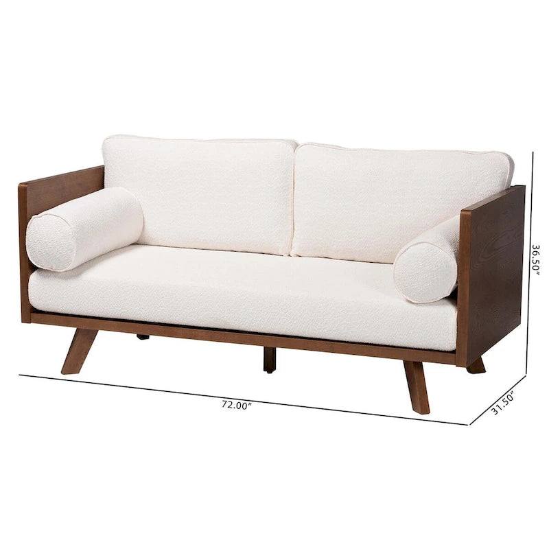 Canapé Bouclé Mid-Century, silhouette Tuxedo, coussins de dossier amovibles